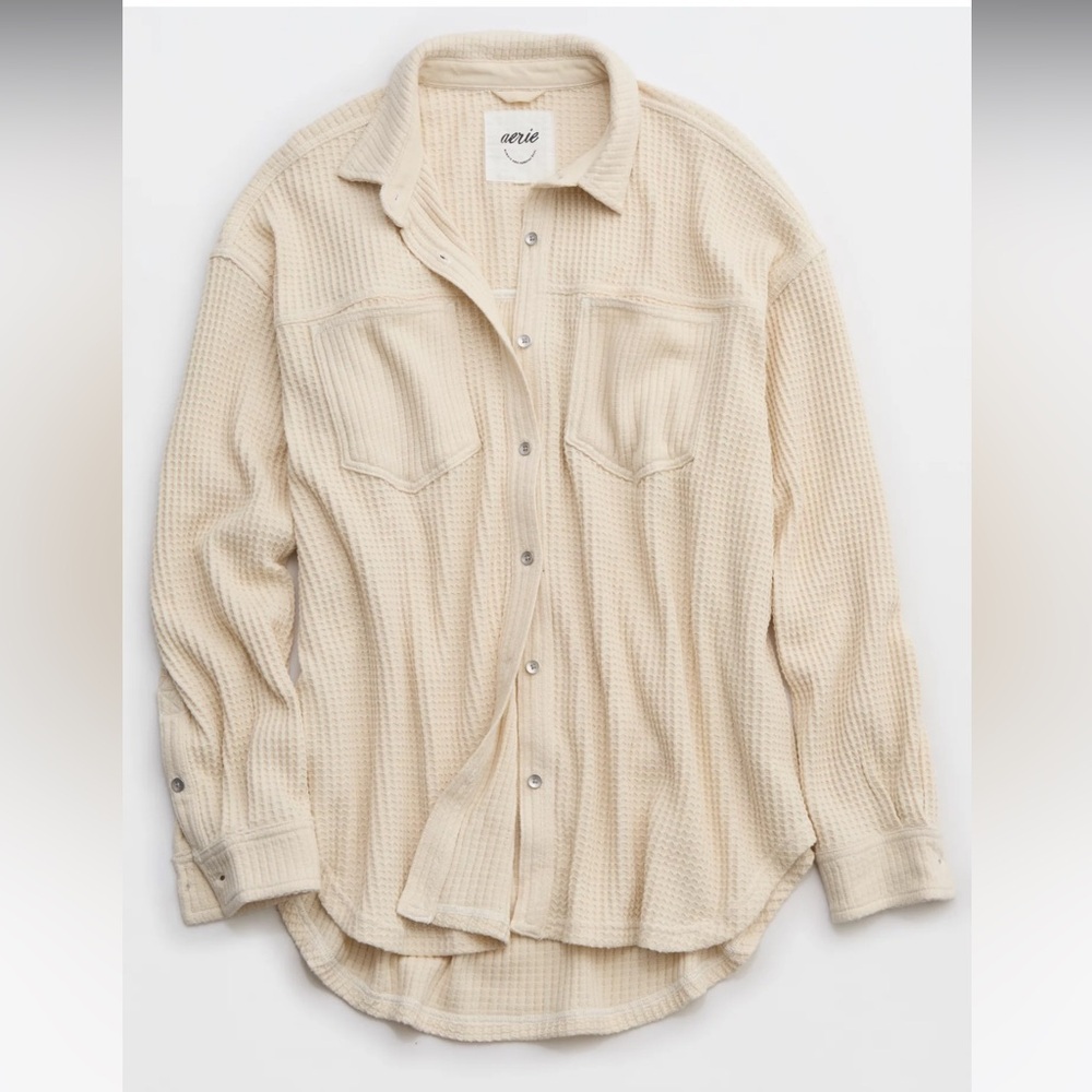 Aerie Anytime Fave Cream Waffle Knit Shirt
